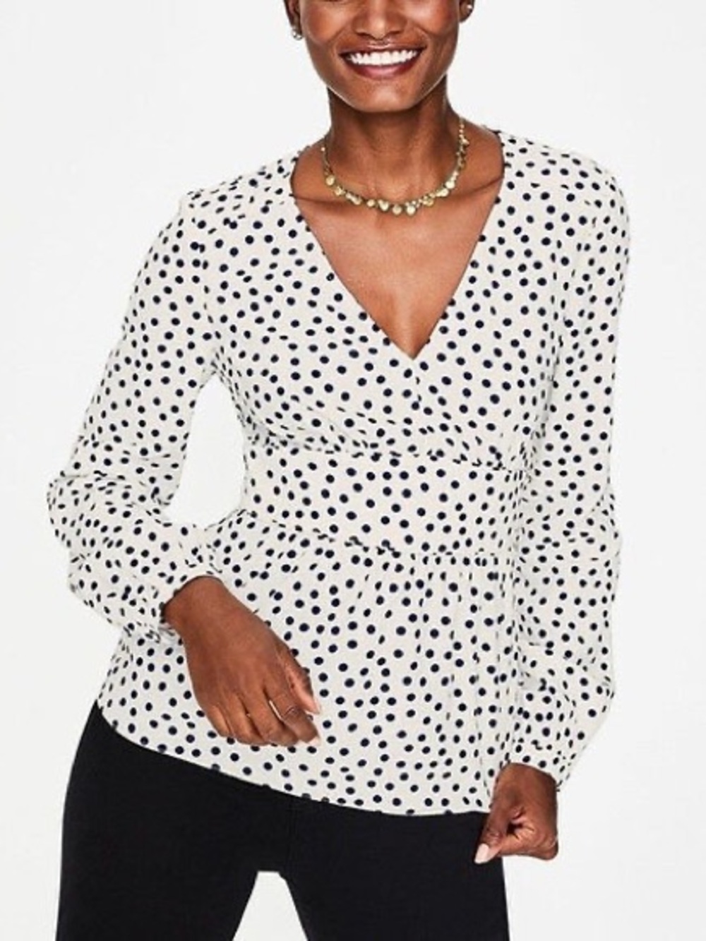 Boden White Long-Sleeve V-Neck Polka Dot Peplum Top size 8